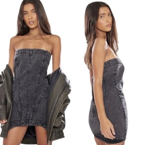 NWT PrettyLittleThing Seam Detail Asymmetric Denim Mini Dress-Washed Black - Picture 4 of 10